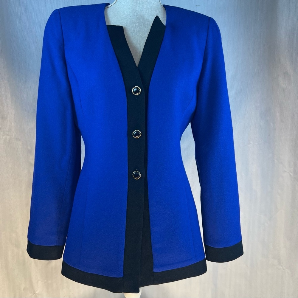 Bicci Vintage Blazer 100% Wool Crepe Royal Blue & Black 3 Button Lined EUC 6👍